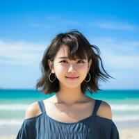 lindo ásia menina desfrutando verão dentro a de praia ai generativo foto