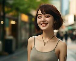 alegre coreano menina com tatuagem sorridente para Câmera ai generativo foto