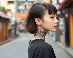 alegre coreano menina com tatuagem sorridente para Câmera ai generativo foto