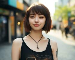 alegre coreano menina com tatuagem sorridente para Câmera ai generativo foto