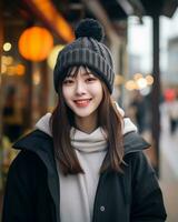 uma alegre coreano menina vestindo moletom com capuz e tricotar chapéu ai generativo foto