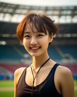 lindo sorridente ásia menina atleta dentro Esportes arena ai generativo foto