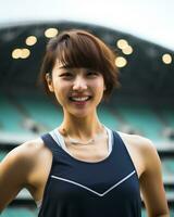 lindo sorridente ásia menina atleta dentro Esportes arena ai generativo foto