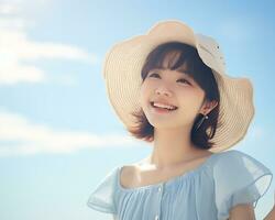 alegre ásia menina desfrutando verão ai generativo foto