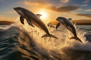 golfinho pulando às pôr do sol dentro a oceano ai generativo foto