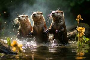 grupo do brincalhão lontras natação dentro a rio ai generativo foto