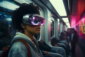 pessoa vestindo uma futurista vr óculos ai generativo foto