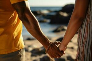 birracial gay casais mãos abraço em uma iluminado pelo sol de praia juntos ai gerado foto