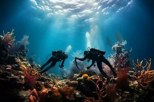 uma equipe do marinho experts trabalho para reviver uma estragado coral ecossistema ai gerado foto