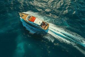 topo baixa perspectiva barco Navegando em a mar, transformado de neural rede ai gerado foto