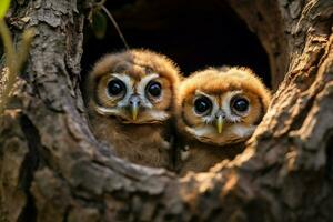 dois inquisitivo corujinhas emergir a partir de árvore ninho, fornecendo quarto ai gerado foto