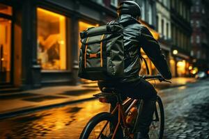 urbano Entrega cavaleiro, pedalar velozes com mochila, navega movimentado ruas ai gerado foto