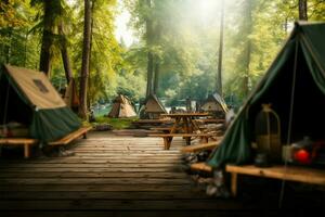 acampamento tranquilidade tendas dentro uma arborizado área com uma rústico mesa ai gerado foto