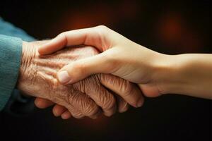 carinhoso mãos, a essência do compassivo idosos Cuidado e assistência ai gerado foto
