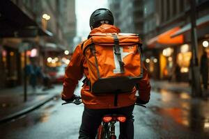 correio em uma bicicleta navega cidade ruas, entregando delicioso refeições ai gerado foto