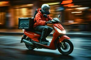 correio em uma moto lambreta, garantindo velozes Comida entregas ai gerado foto