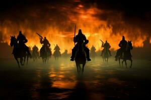 escurecido medieval campo de batalha, silhuetas do cavalaria e infantaria trancado dentro combate ai gerado foto