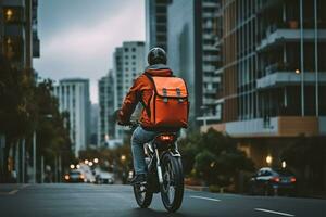 Entrega cavaleiro em uma bicicleta, garantindo rápido e confiável serviço ai gerado foto