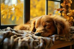 sonhadores cachorro goza uma sesta dentro a caloroso outono peitoril da janela ai gerado foto