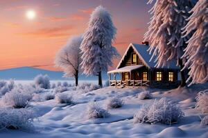 uma casa emoldurado de a sereno beleza do uma inverno panorama ai gerado foto
