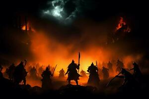 épico noite batalha, guerreiros choque dentro silhueta contra enevoado pano de fundo ai gerado foto