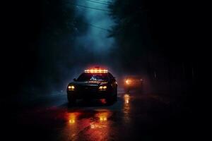 dentro a Sombrio e enevoado noite, uma polícia carro dá correr atrás ai gerado foto