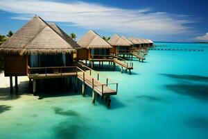 Maldivas luxo água vilas recorrer, de madeira cais, capturado a partir de acima ai gerado foto