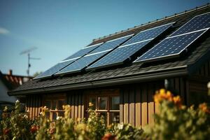 renovável energia às casa solar painéis em uma de madeira coberto casa ai gerado foto