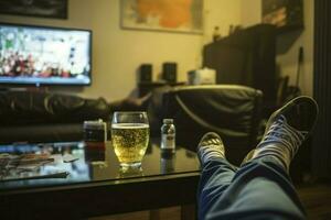 relaxante enquanto assistindo futebol em televisão, pés casualmente em repouso em mesa ai gerado foto