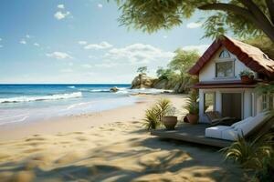 isolado de praia casa fornece uma sereno costeiro retiro e relaxamento ai gerado foto