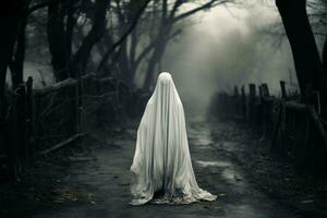 assustador fantasma envolto dentro branco Folha assombrações uma rústico trilha ai gerado foto