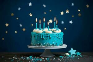 cerceta ganache aniversário bolo adornado com Estrela chapéus de coco em uma marinha pano de fundo ai gerado foto