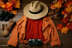 outono moda tendência Viajantes equipamento e chique mulher acessórios ai gerado foto