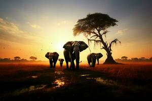 elefantes silhueta contra uma deslumbrante pôr do sol, uma majestoso animais selvagens momento ai gerado foto