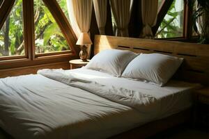 lanna estilo de madeira casa quarto teca cama, brilhante, convidativo roupa de cama ai gerado foto
