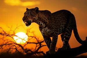 leopardos silhueta graças a horizonte Como a Sol sobe graciosamente ai gerado foto