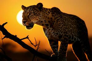 majestoso leopardo dentro a dourado brilho do uma deslumbrante nascer do sol ai gerado foto