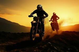 adrenalina bombeamento motocross silhueta com frente roda levantado, açao embalado aventura ai gerado foto