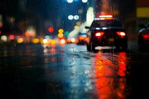 noturno aguaceiro uma carros perspectiva em meio a a chuva encharcado paisagem urbana ai gerado foto
