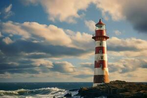 beira-mar baliza majestoso farol tem vista para a grande e tranquilo mar ai gerado foto