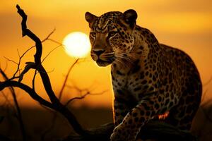 nascer do sol ilumina a régio presença do uma rondando leopardo ai gerado foto