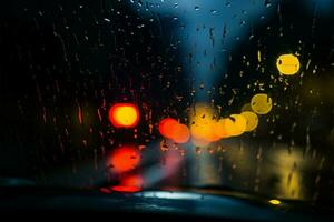 através a parabrisa, uma carro navega a chuvoso noites mistérios ai gerado foto
