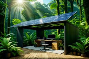 sustentável floresta tropical escritório, eco amigáveis área de trabalho dentro natureza com solar poder, ai gerado foto