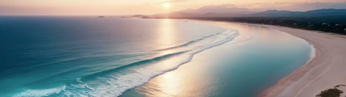 dourado hora Magia, aéreo pôr do sol sobre panorâmico praia, ai gerado foto