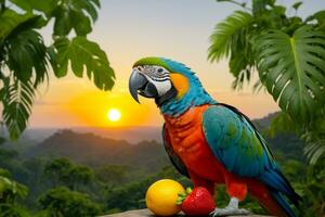 floresta tropical prazer, papagaio goza frutas às vibrante pôr do sol, ai gerado foto