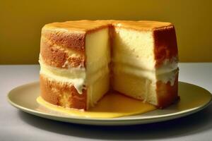 uma fatia do bolo em uma prato com uma amarelo fundo foto