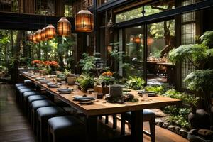 japonês restaurante frente é menor que a lados ai gerado foto