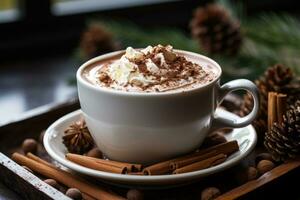 uma copo do quente chocolate dentro inverno publicidade Comida fotografia foto
