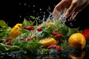 mão lavando orgânico frutas e legumes profissional Comida fotografia ai gerado foto