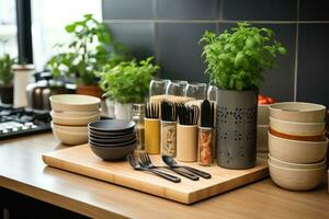 condimento utensílio dentro a mesa cozinha publicidade fotografia ai gerado foto